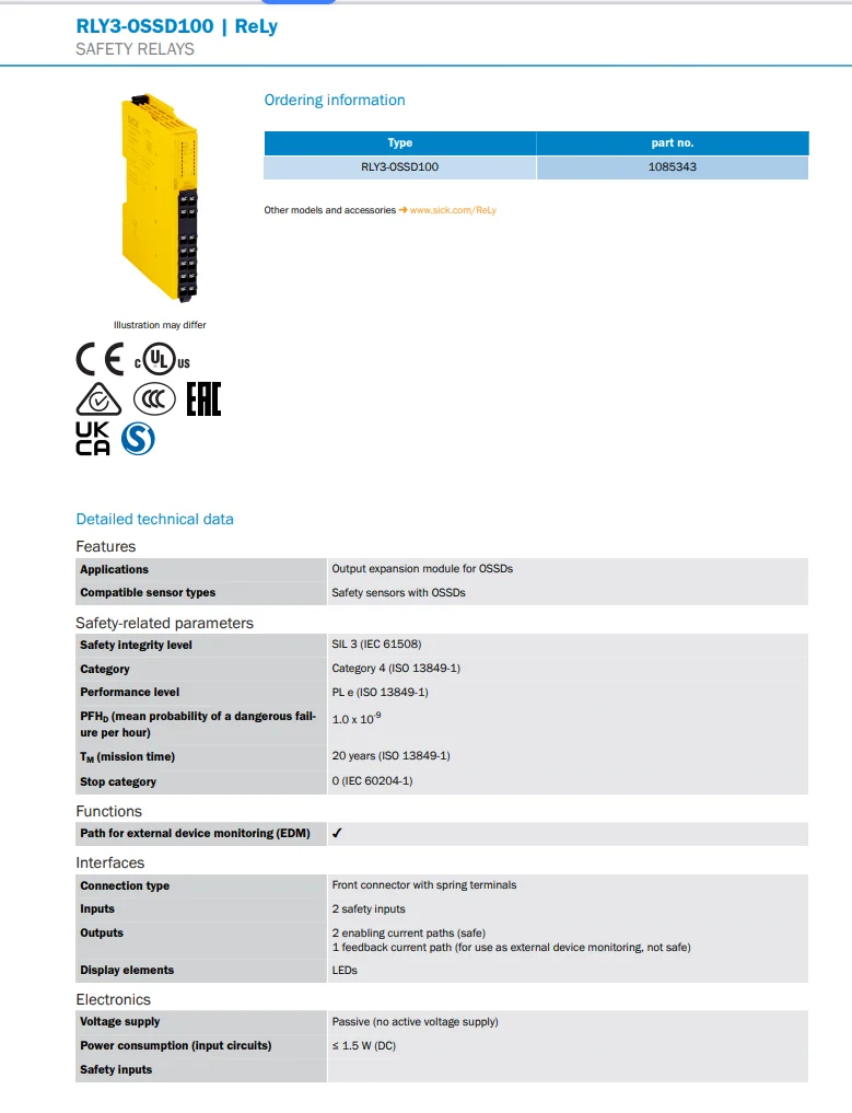 العلامة التجارية المريضة الأصلية RLY3-OSSD100 رقم الطلب 1085343 مستشعر مرحلات الأمان متوفر في المخزون