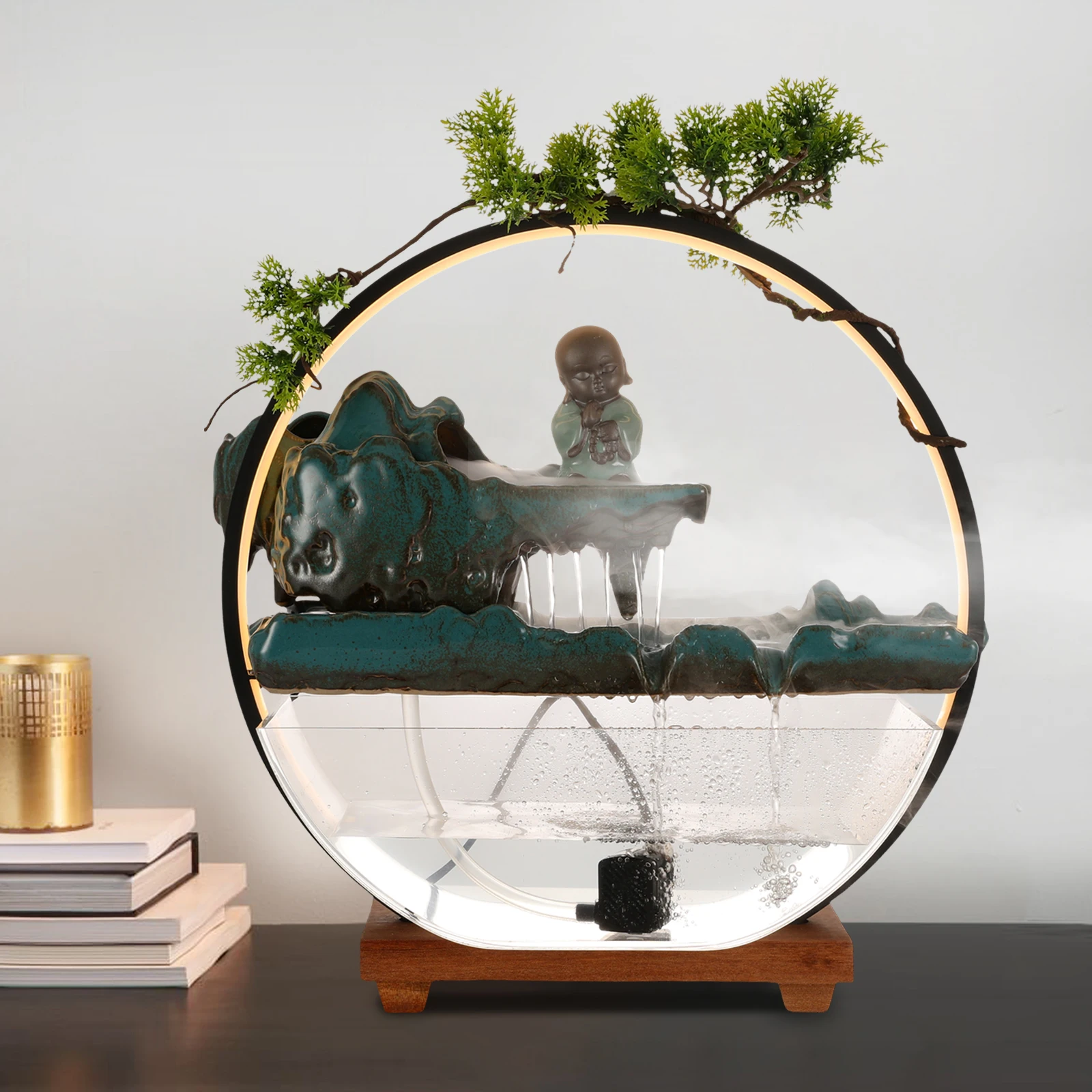 

Green Tabletop Iron Fountain,Fountain With Mist Maker and Water Pump LED Light Free Standing for Living Room,Office