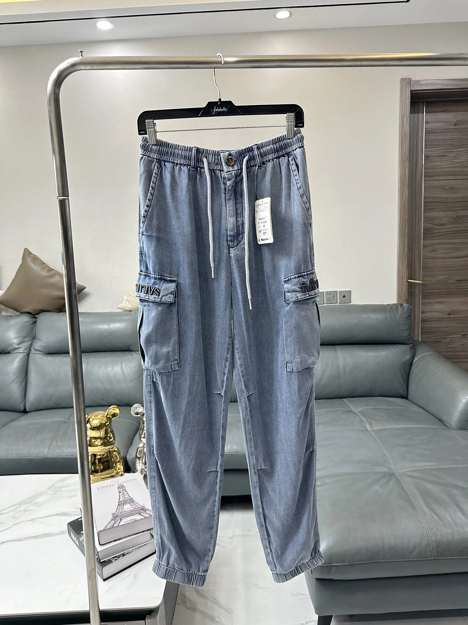 Casual Loose  Denim Jeans for Men with Multiple Pockets Spring Summer Loose Cuffed Casual Pants Thin Washed Blue Long T...