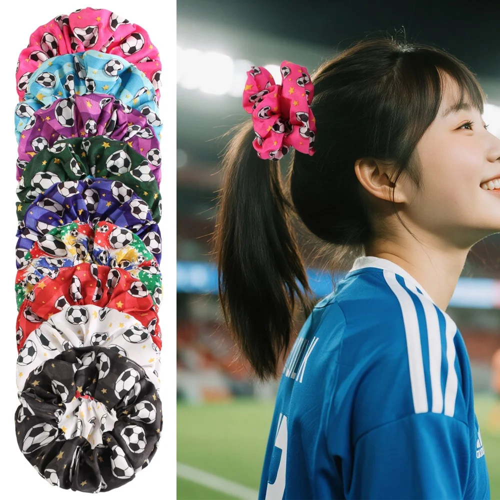 1個入り 新品 クロスボーダー サッカープリント シュシュ、マルチカラー ゴムヘアタイ、ポニーテールに最適、ヘアアクセサリー卸売