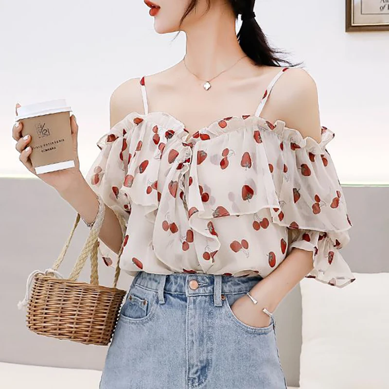 

Sweet Slash Neck Printed Slip Ruffles Chiffon Blouses Female Clothing 2024 Summer New Loose Chic Tops Butterfly Sleeve Shirts