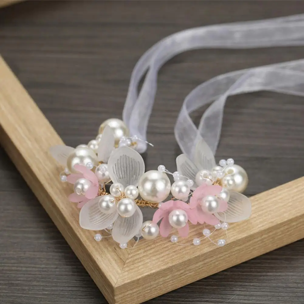 Flower Headband Floral Headband Adjustable Faux Pearl Flower Hairband for Girls Princess Style Wedding Headband with Anti-slip