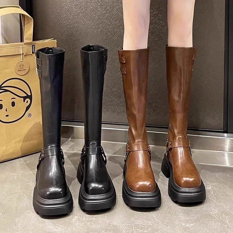 

Long Tube Boots for Women 2024 New Autumn and Winter British Retro Cowboy Boots Fashionable Thick Soled High Tube Knight Boots