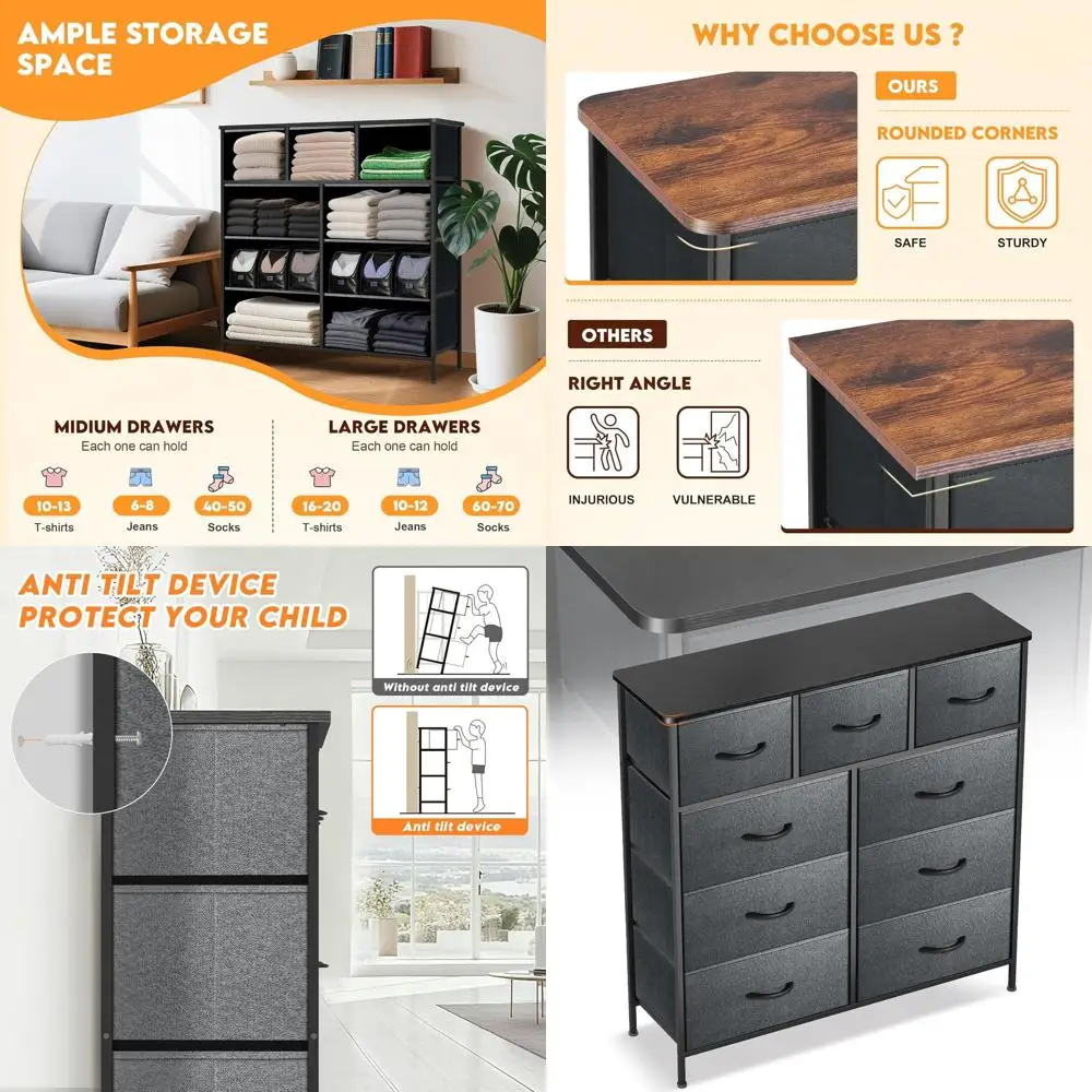 

Curved Profile Dresser for Bedroom, Chest of Drawers, 9-Drawer Storage Unit, Black Dresser with Fabric Bins, Closet Organizer, L