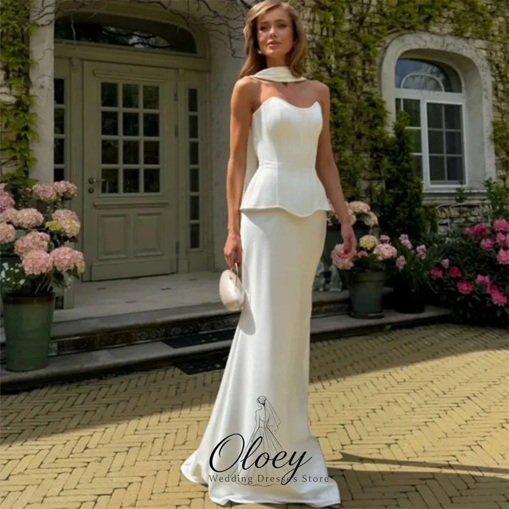 OLOEY Chic Customized Sweetheart Collar Wedding Dresses For Woman With Long Scarf Mermaid Satin Bridal Gown Garden Wedding