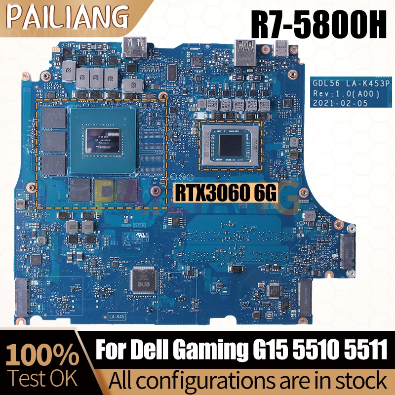 

For Dell Gaming G15 5510 5511 Notebook Mainboard Laptop LA-K453P R7-5800H RTX3060 6G 0F8CRX 0XF7N6 Motherboard Full Tested