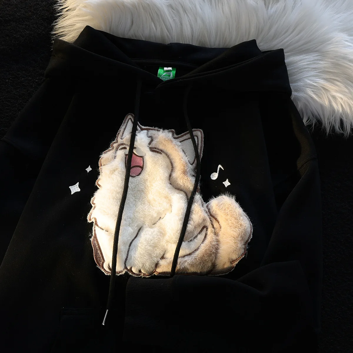 Kawaii Plush Embroidery Cat Hooded Sweatshirt for Women Streetwear Loose Long Sleeve Hoodies Spring Autumn Tops Coat