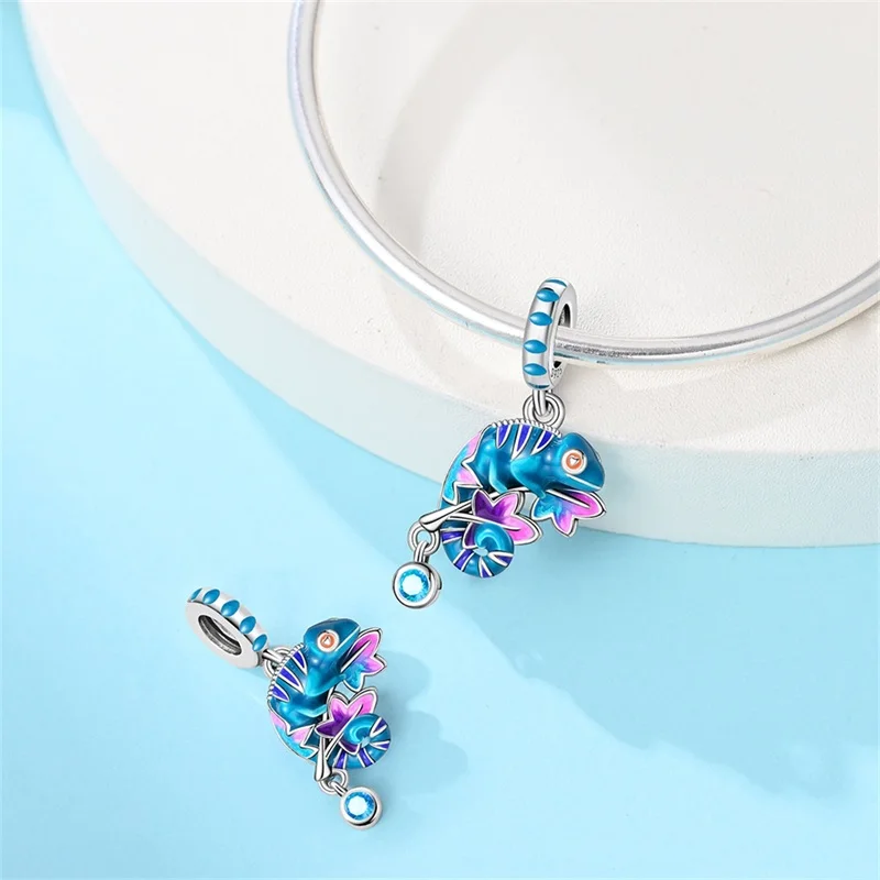 

New 925 Sterling Silver Cute Chameleon CZ Zircon Charms Pendant Fit 3mm Original Bracelet DIY Women Exquisite Party Jewelry Gift