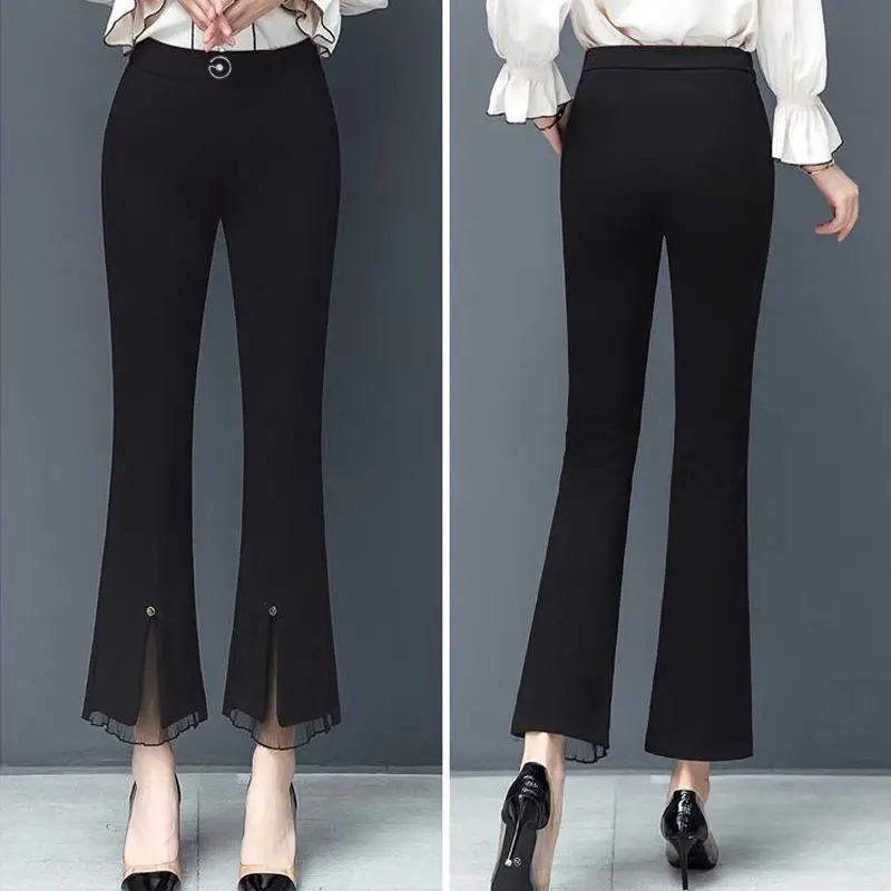 Summer Casual Patchwork Black High Waist Flare Ladies Fashion Lace Elastic Waist Trousers Femme Simplicity Slim Thin Pants Femme