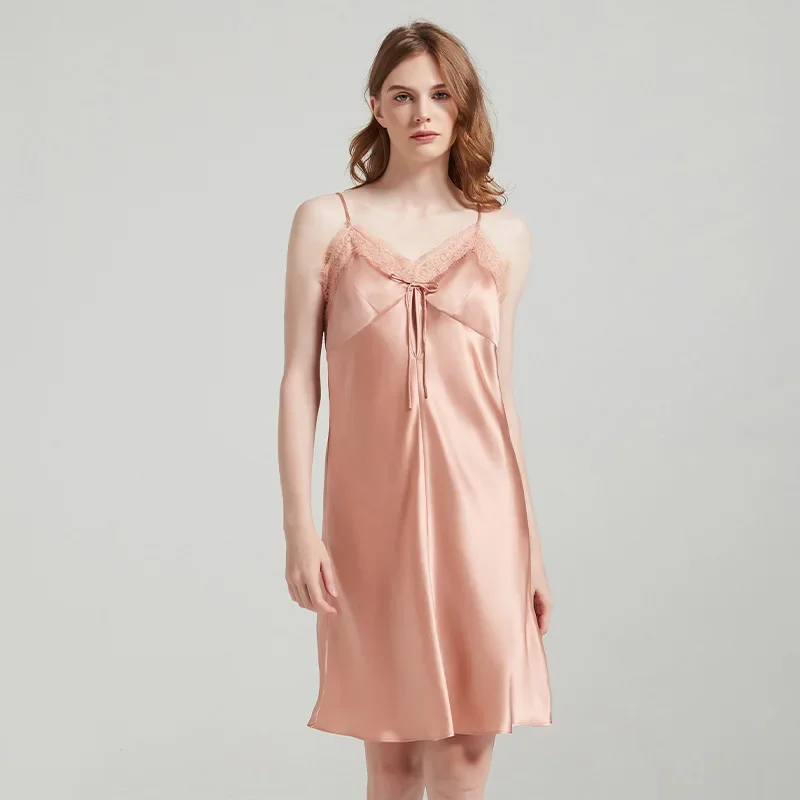 

100% 19MM Heavy Silk Women Short Nightgown Slip Dress Lace Bow Backless Nightdress Sexy Camisole Chemise Pajama Sleepwear Nighty