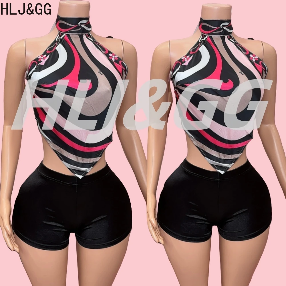 

HLJ&GG Sexy Stripe Print Halter Two Piece Sets Women Sleeveless Backless Bandage Crop Top And Shorts Outfits Fashion Streetwear