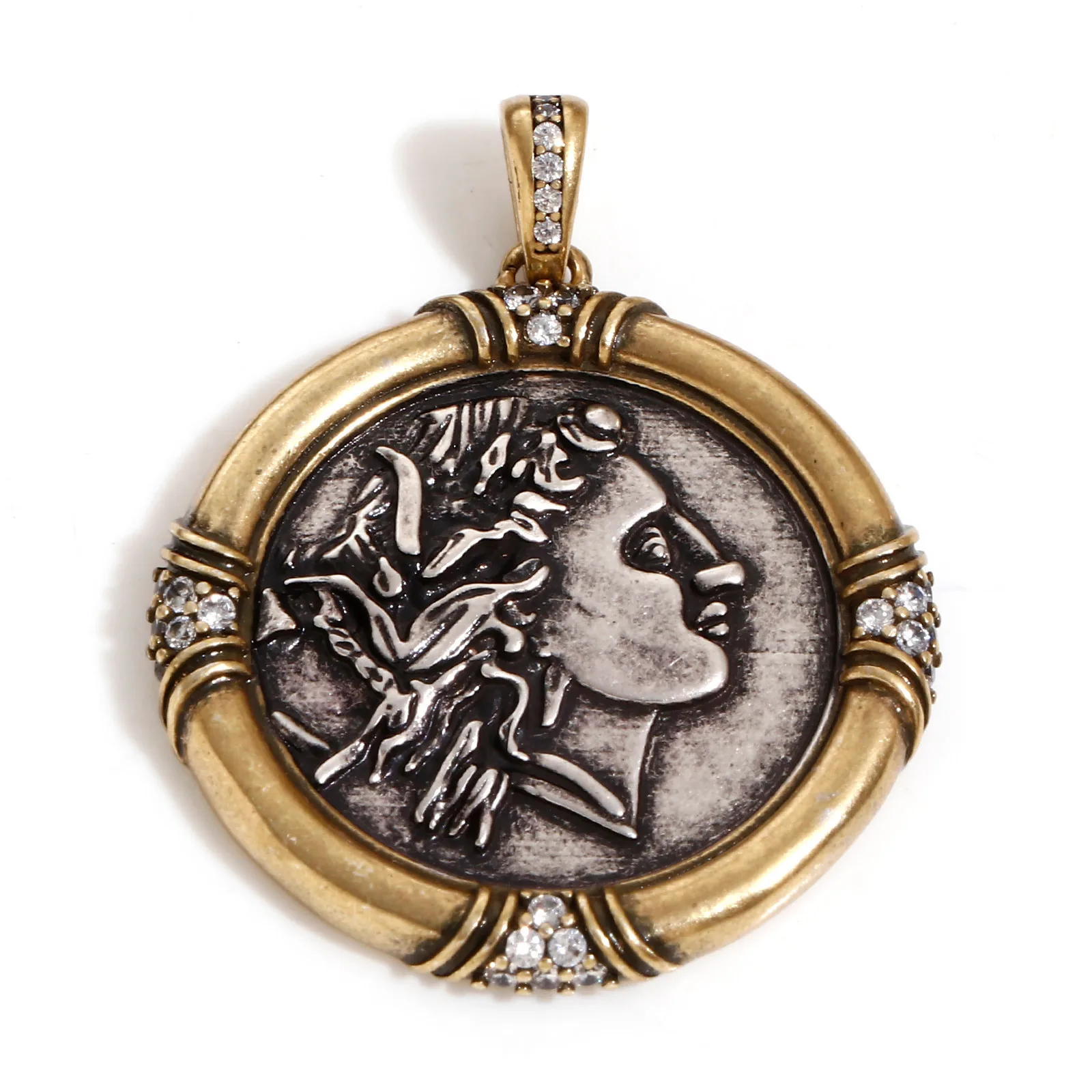 1-teilige Messing-Münzanhänger, antike Silberfarbe, antike Bronze, zweifarbig, Kopfporträt für DIY-Schmuckherstellung – Detail 8