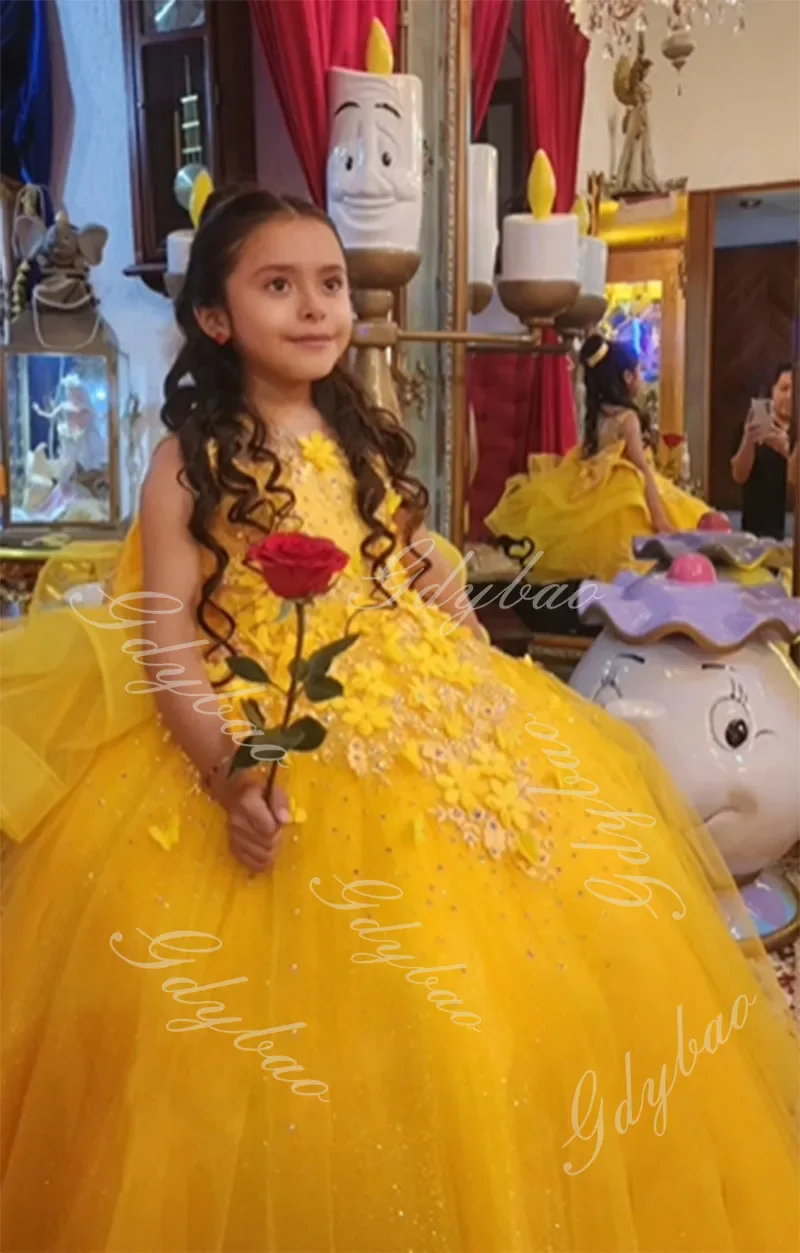 Yellow First Communion Dress Long Train Toddlers 3D Applique Wedding Flower Girl Dress Kids Beaded Tulle Pageant Birthday Gowns