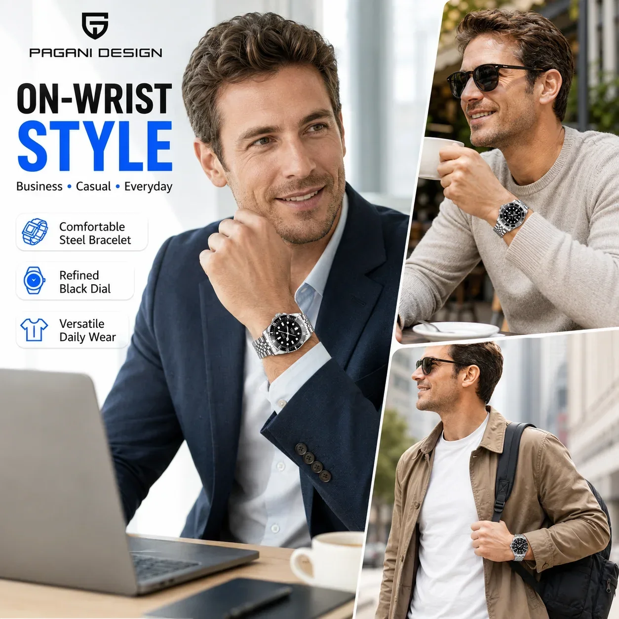 PAGANI DESIGN PD1661 Miyota 8215 Automatic Men's Watch Black Dial Bezel Sapphire Steel Five-Link Bracelet Luminous Date 100M