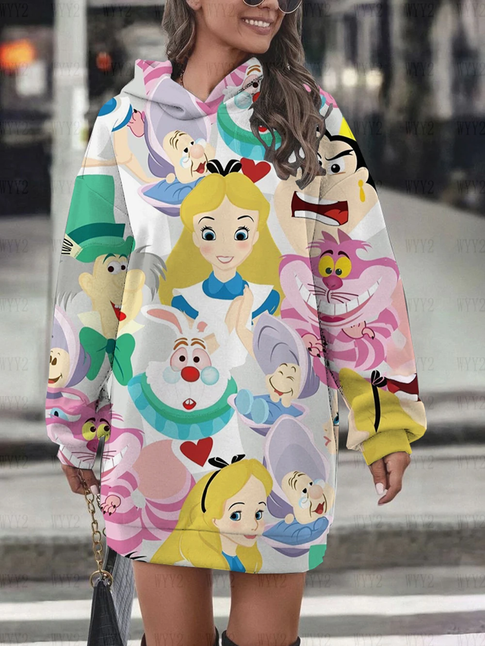 Disney Alice in Wonderland Hoodie Print Casual Simple Street Style Ladies Hooded Sweatshirt Dress Women's Party Pullover Tops