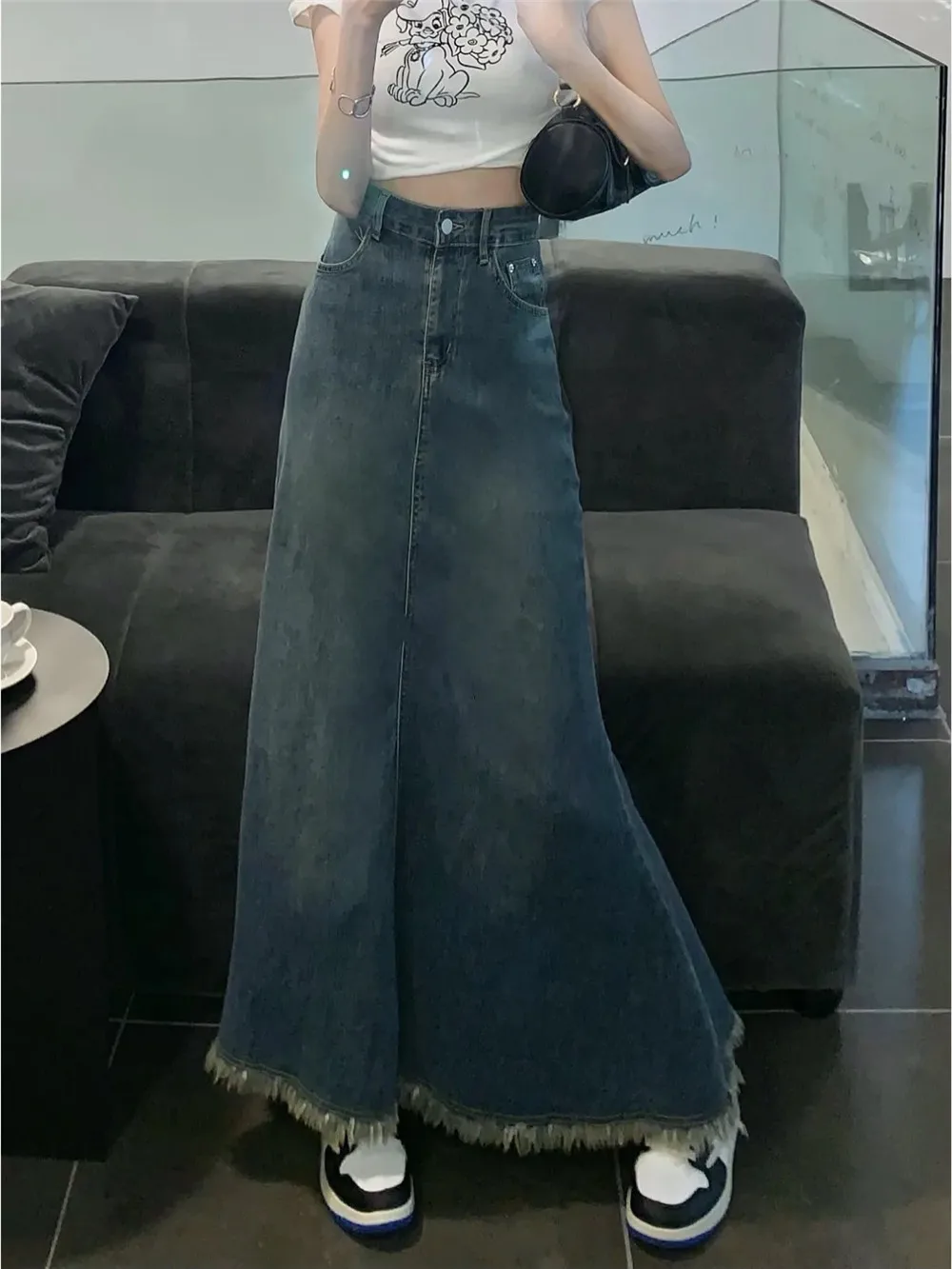 Vintage Tassels Long Denim Skirt Women Faldas Mujer De Moda Fashion Jupe High Waist Tunic Bodycon Fishtail Y2k Skirt Casual Saia