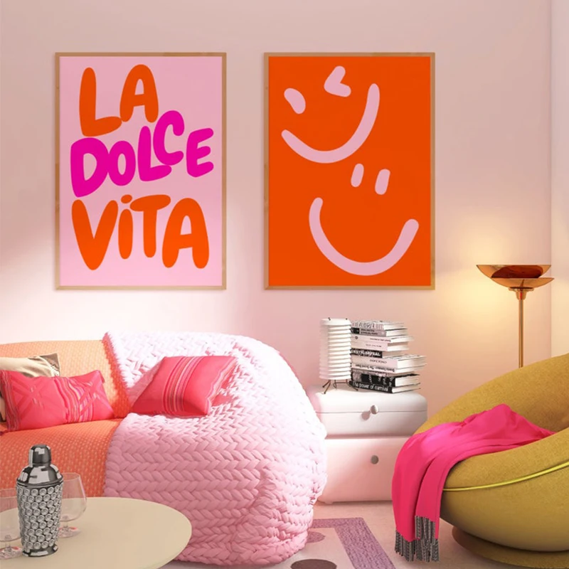 Póster de Cara Sonriente Rosa, Impresiones Preppy Naranjas, Arte de Pared Divertido, Pintura en Lienzo Estilo Preppy Universitario, Cuadro Indie para Decoración de Habitaciones Juveniles