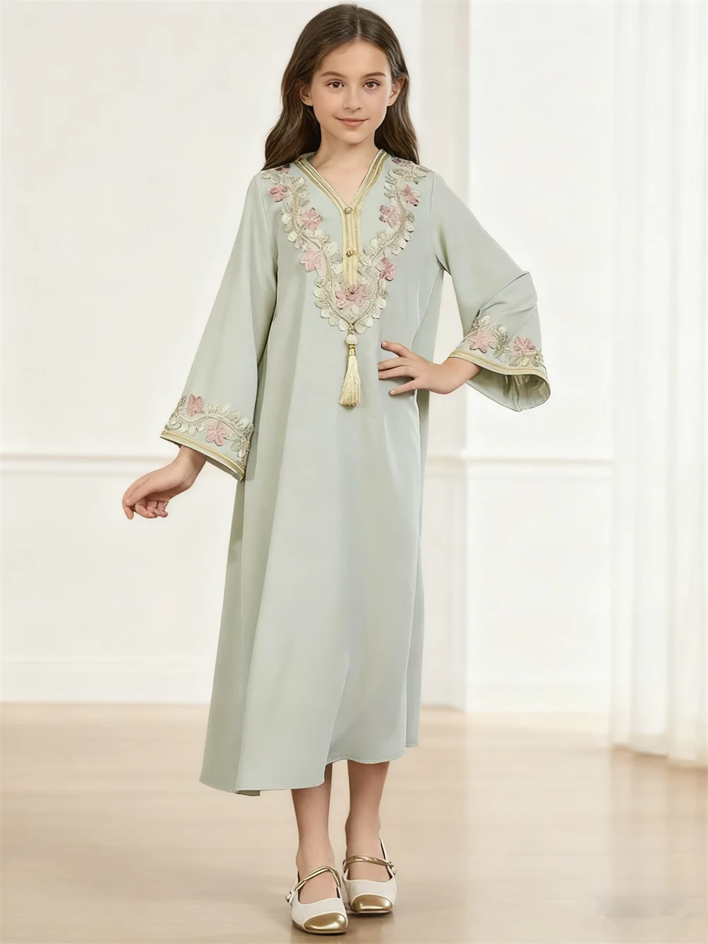 Ramadan muçulmano meninas vestido applique crianças robe árabe vestidos de festa dubai abaya turquia kaftan djellaba jalabiya oriente médio