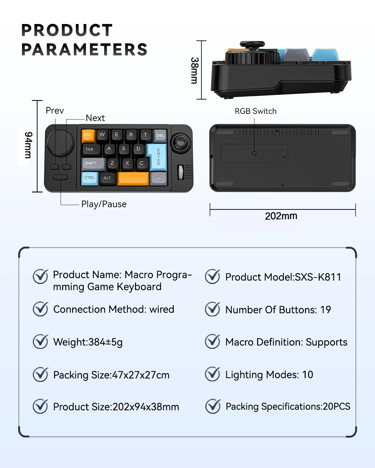 Programmable Wired Mechanical Keyboard with Volume Scroll Wheel,Game Joystick 19Key Hot-Swappable Number Keypad for Win8/10/Mac