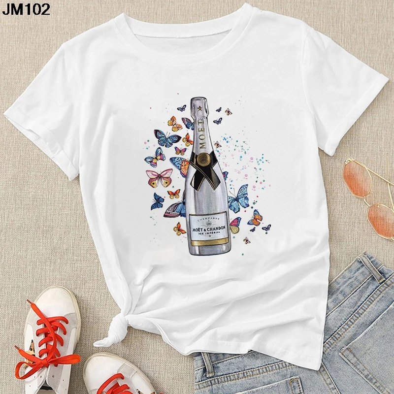 Soft White Tops Ladies Tshirt Champagne Wine Print Casual Streetwear T Shirt Harajuku Women's Summer Short Sleeve Female T-shirt