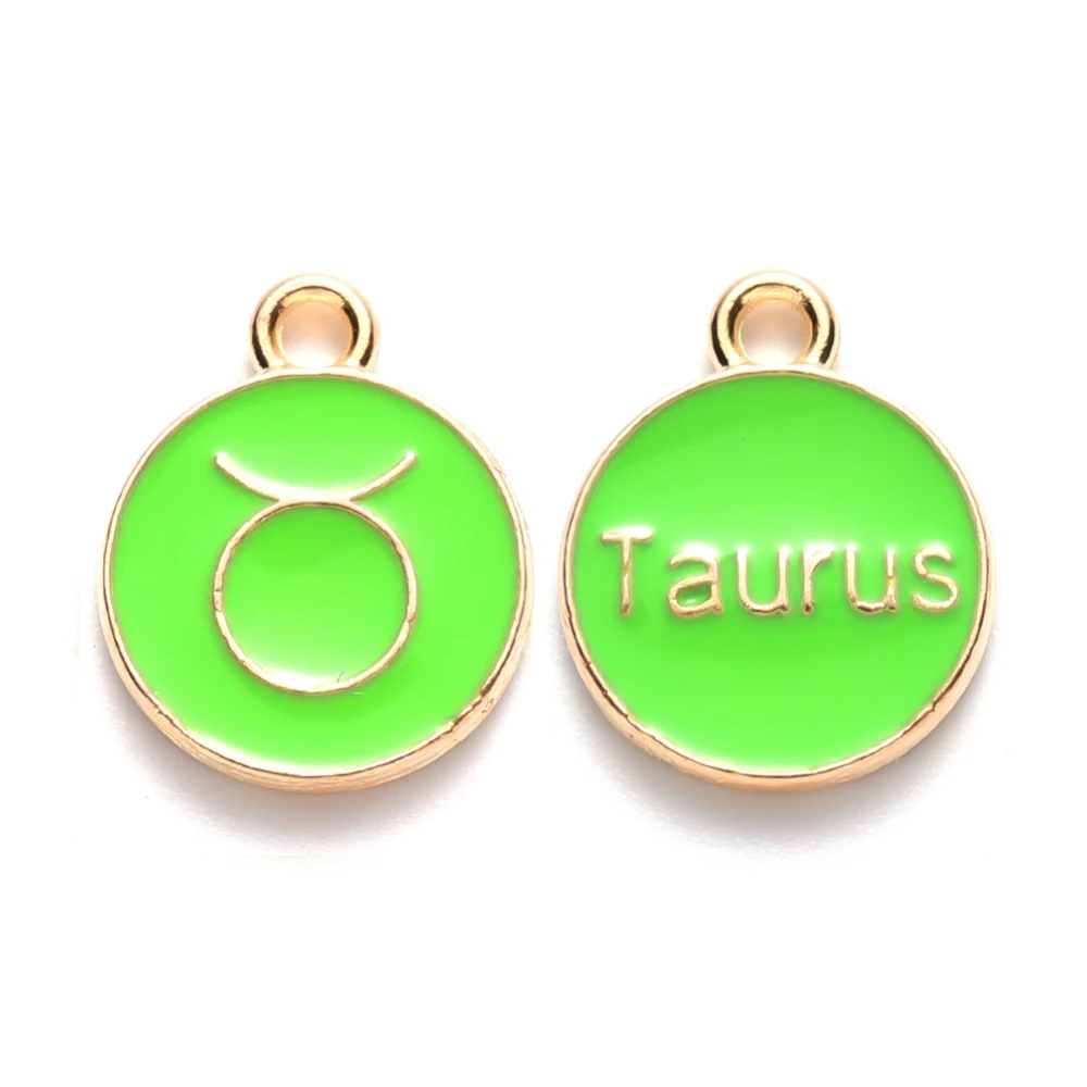 20Pcs Taurus Alloy Enamel Pendants Flat Round with Constellation Jewelry Making Charms for Women Festival Gifts Jewelry Green