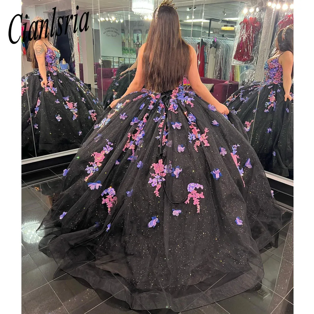 Black Quinceanera Dresses 3D Appliques Sweetheart Handmade Flower Ball Gowns Vestidos De 15 Años