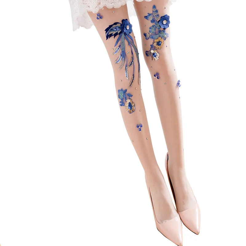 Handmade Embroidery Flower Style Cherry Blue Enchantress Pattern Non-hook Silk Mask Socks Stockings Pantyhose Women