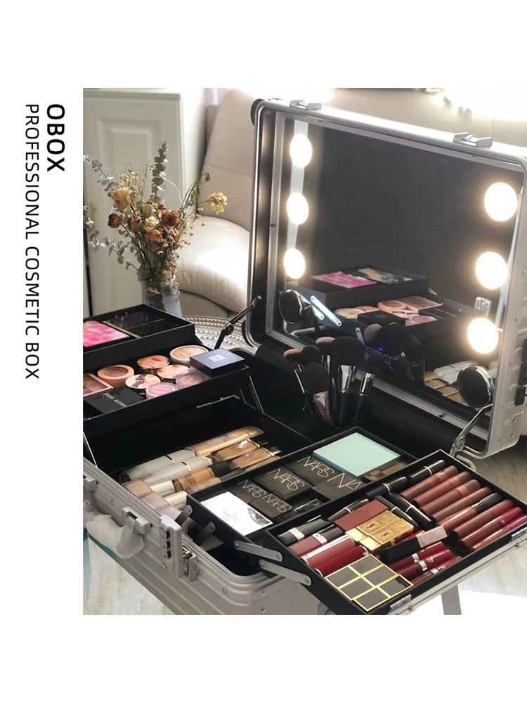 OBOX professional makeup artist makeup box with mirror and light, large capacity aluminum alloy trolley box, 22 inch heel makeup