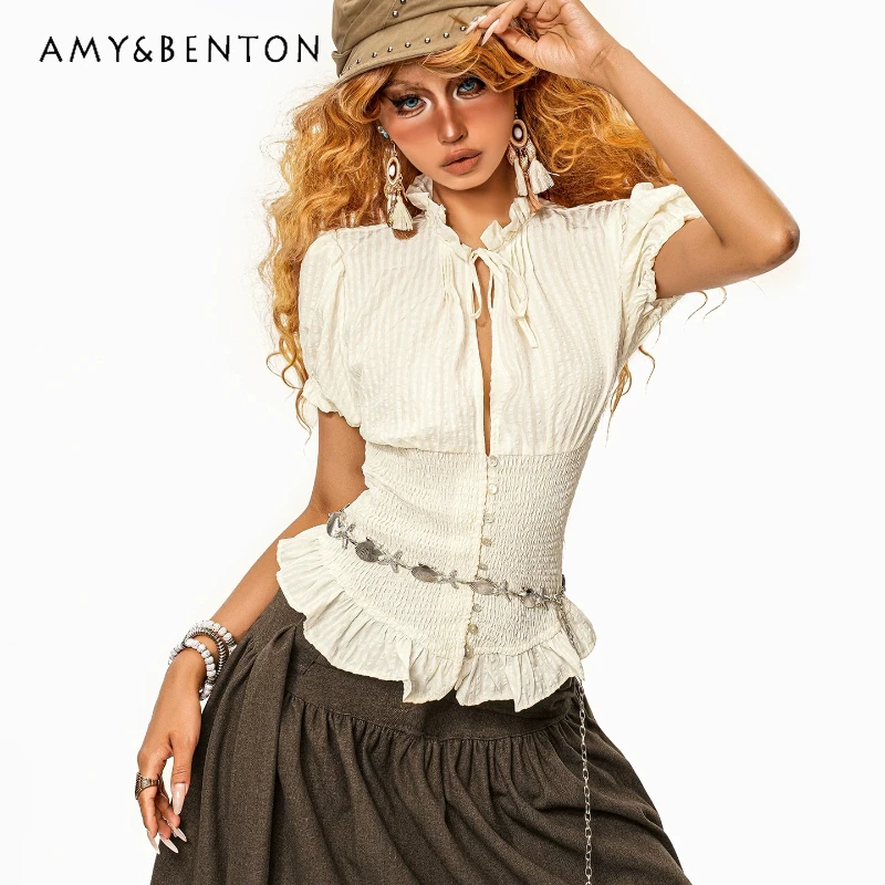 

Retro Design Beige Short-sleeved Women's Shirts 2026 Summer New Fashion Hot Girl Ruffle Edge Waist Strap Cardigan Top Ladies