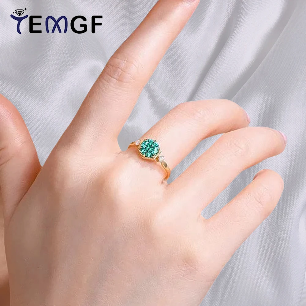 

TEMGF 6.5mm Lake Blue Moissanite Ring GRA Certified 925 Sterling Silver Shiny Fine Jewelry for Charm Women Vintage Stacked Ring