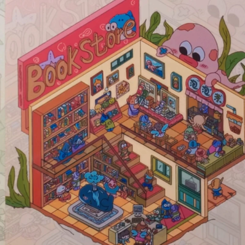 Naklejka krajobrazowa 3D miniaturowa scena Biblioteka przyjęcie herbaciane kwiaciarnia magazyn kolaż naklejki kawaii