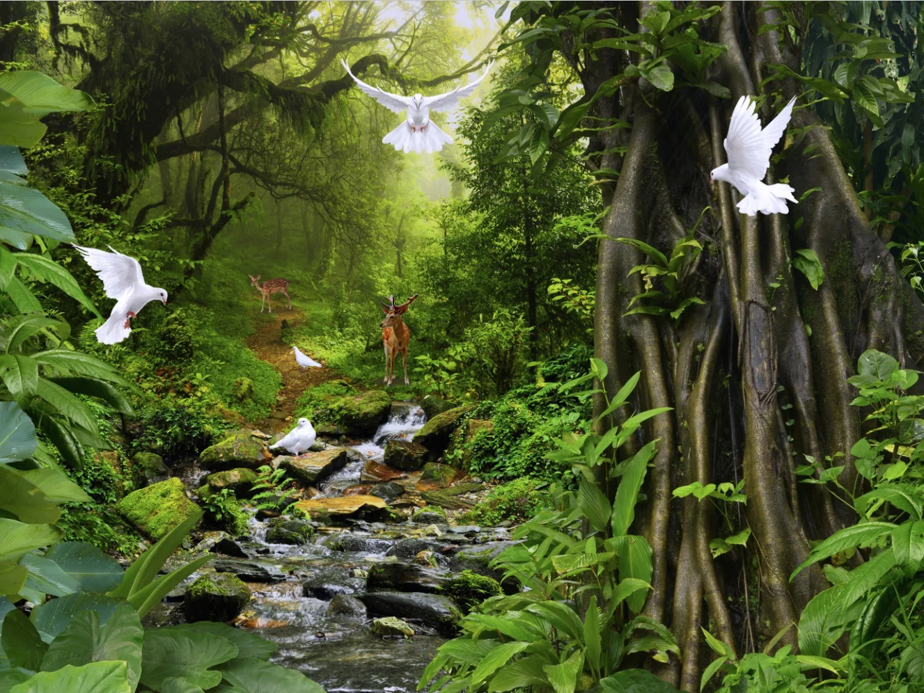 Customized Size Mural Sunshine Forest Wallpaper Cedar Forest Decorative Painting Big Tree Waterfall Forest Mural 3d wallpaper
