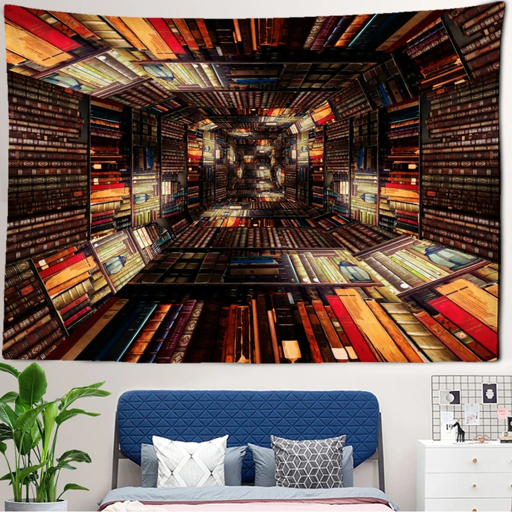 Library Bookshelf 3D Scene Tapestry Psychedelic Wall Hanging Background Decor Cloth Factory Direct Sales Can Be Customized