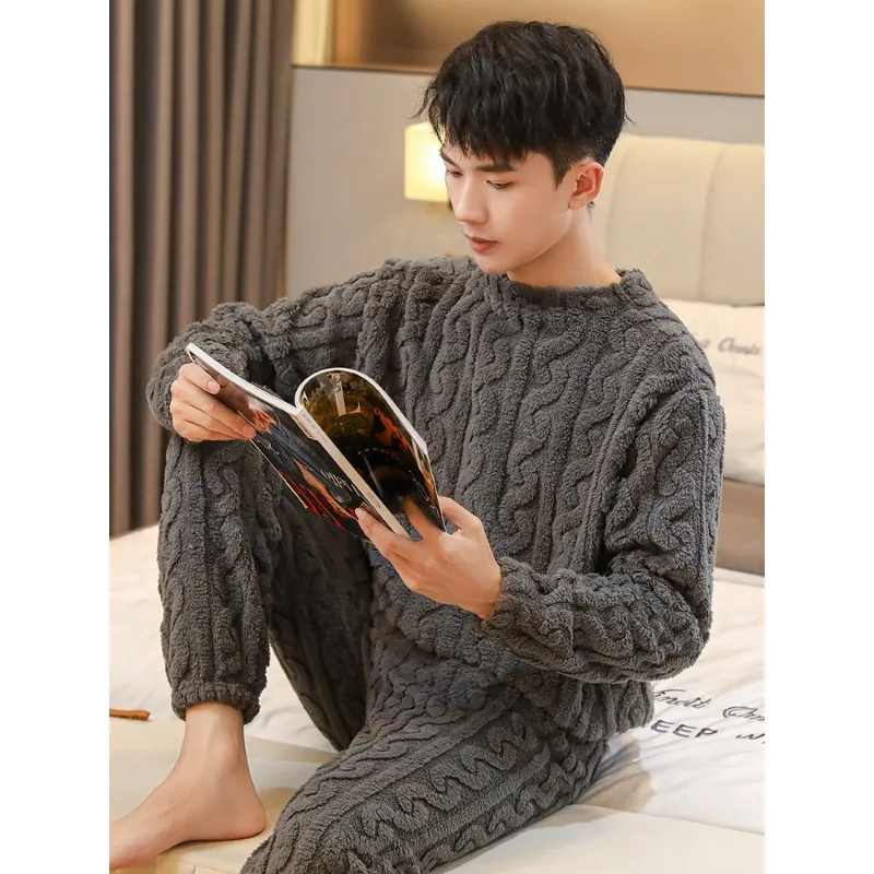 Men's Pajamas Coral Fleece Autumn and Winter Fleece Thickened Men's Boys Winter Warm Flannel Loungewear Set