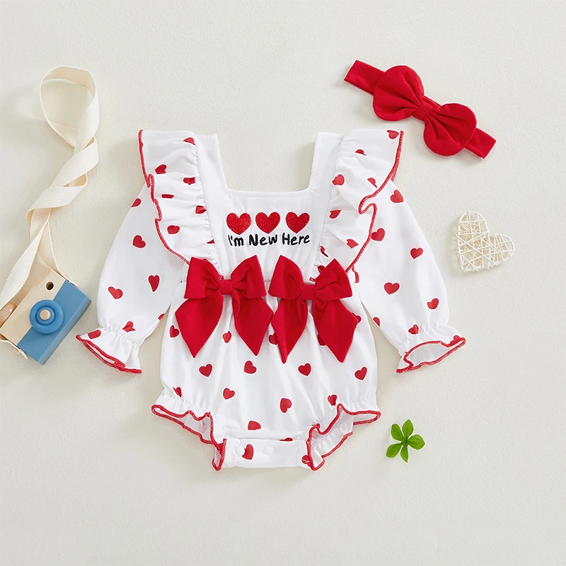 Lovely Baby Girls Bodysuits Outfit Heart/Clover Print Bow Ruffles Long Sleeve Romper Cute Headband Set Toddler Girls Outfits