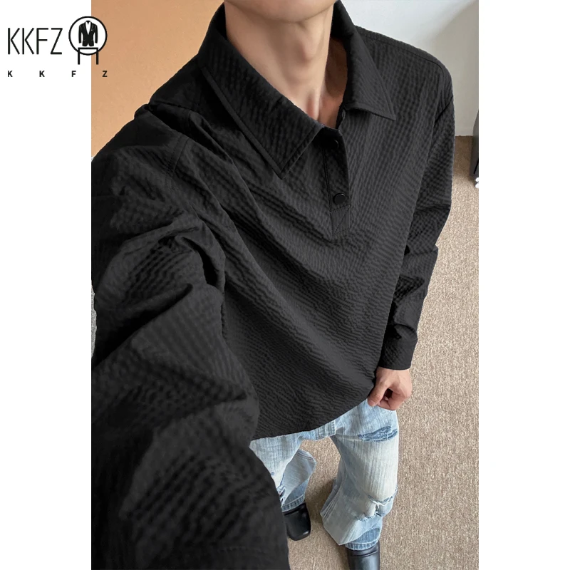 Male Trendy Textured Polo Shirt Lapel Collar Half Button Cropped Silhouette For Short Trip Social Gathering And Street Wear