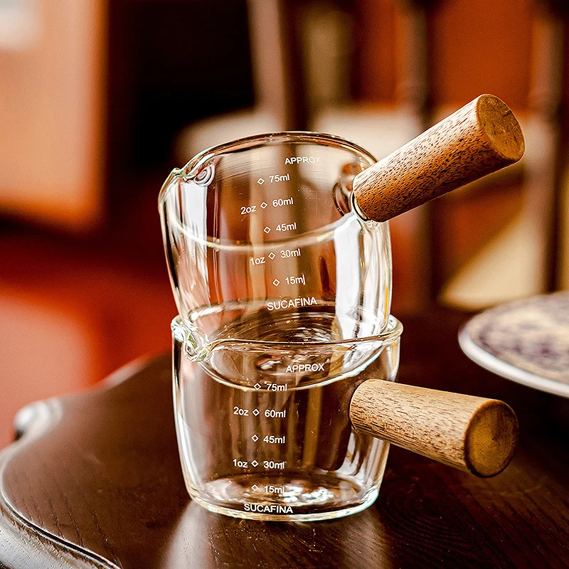 100 مللي مقبض الخشب الزجاج اسبريسو قياس كوب مزدوج/واحد الفم إبريق الحليب مقاومة للحرارة القهوة النار الزجاج مقياس قياس الأكواب
