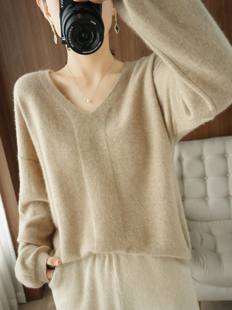 New Fashion Women\'s Clothing V-Neck Pullovers Long Sleeve knit Wear 100% Wool Warm Jumper Loose Fit Large Size Korean Style Soft