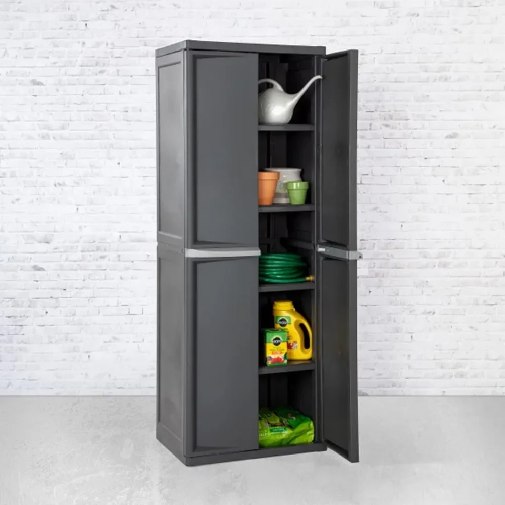 4 Shelf Cabinet, Heavy Duty and Easy to Assemble Plastic Storage Unit, Organize Bins in the Garage, Basement, Attic, Mudroom