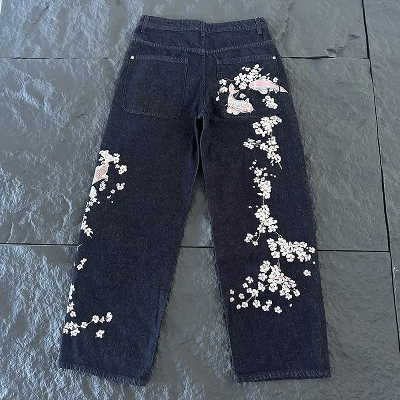 신상품 DERSCHUTZE 남성 와이드 레그 진 빈티지 - Embroidery Jeans Sakura 리뷰 및 가격