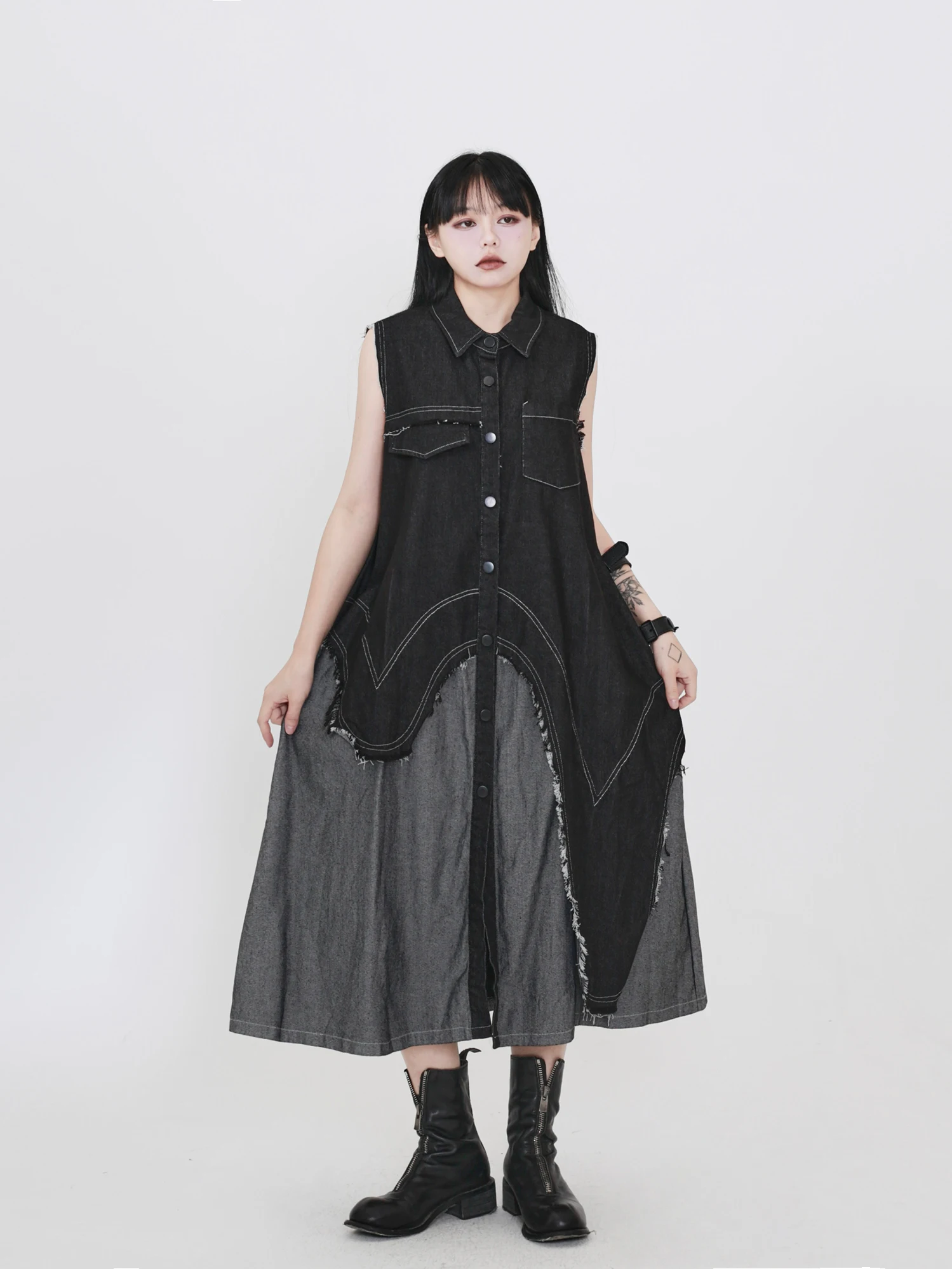 

Heavyweight Vintage Denim Patchwork Loose Long Dress Asymmetrical Design Breathable Casual Women's Dress Spring Autumn