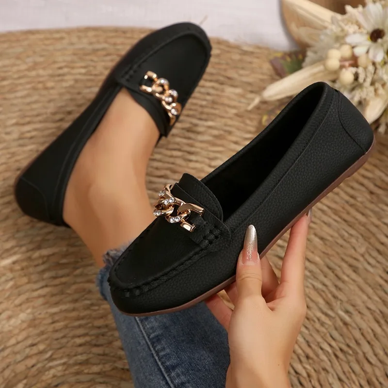 Spring and Autumn Women's Flat Loafers Fashionable Round Toe Chain Casual Shoes Plus Size 43 Slip-on Comfortable Mother Shoes