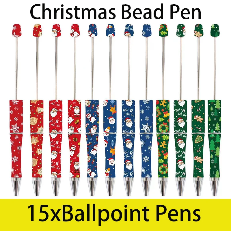 15Pcs Christmas Decor Beaded Ballpoint Pen New Year Beadable Pens Cute Elk Santa Claus Gift Pen Stationery School Supplies