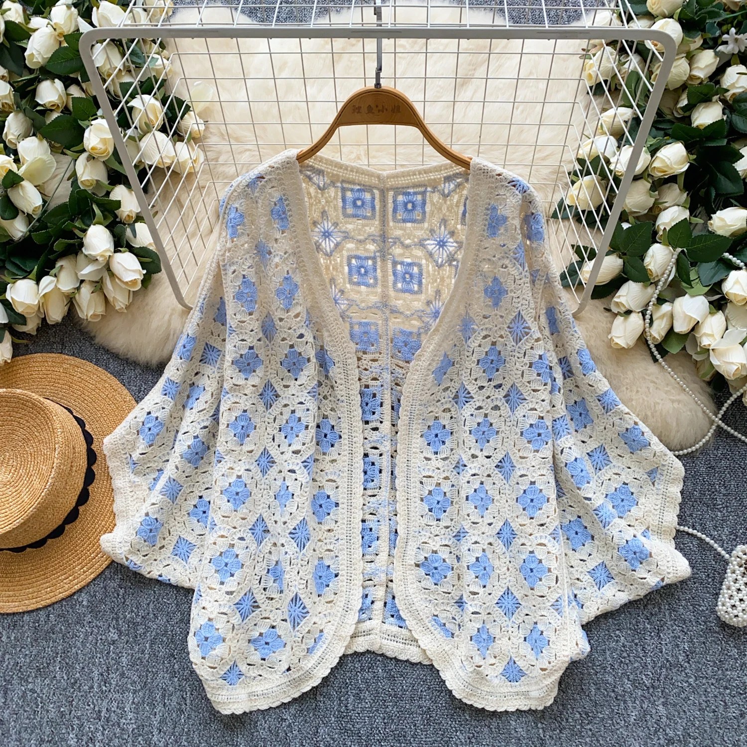

Granny Square Open Front Crochet Knit Cardigan Oversized Plaid Shrug Top Women Summer Beach Bikini Cover Up Boho Vacation Outfit