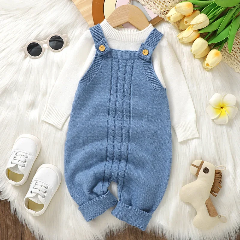 Boys Girls Strap Jumpsuits Outfits 0-18m Toddler Netural Playsuits One Pieces Newborn Baby Rompers Blue Sleeveless Knit Infantil