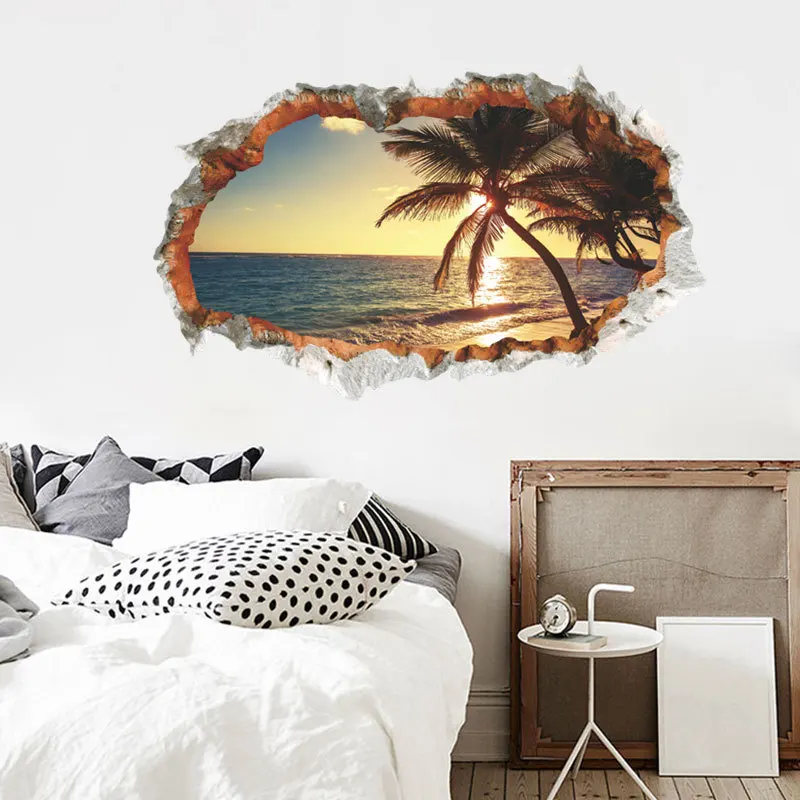 Creative new broken beach coconut tree landscape wall stickers home decoration can be removed wall stickers sell well