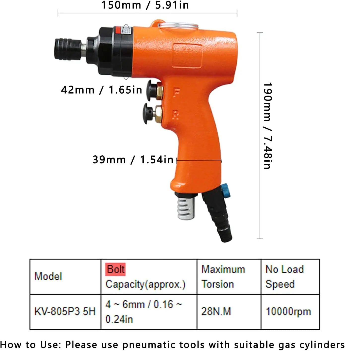 Pneumática Screwdriver Gun com Pistol Grip, Alloy Steel Screwdriver Tool, 1/4 "Air Inlet Connector, KV-805P