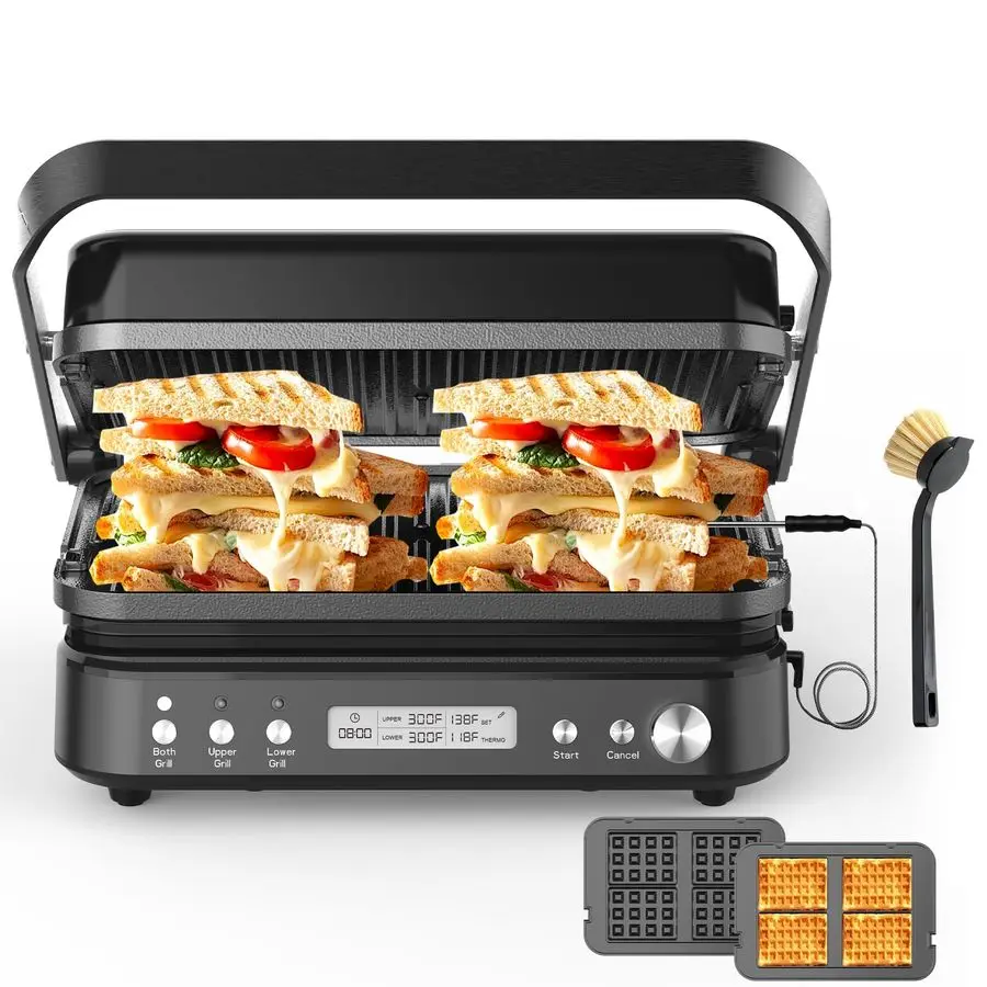 

Panini Grill Press Sandwich Maker with Removable Plates, 1600W, 6 in 1 Waffle Maker amp Electric Indoor Grill with Meat Thermome