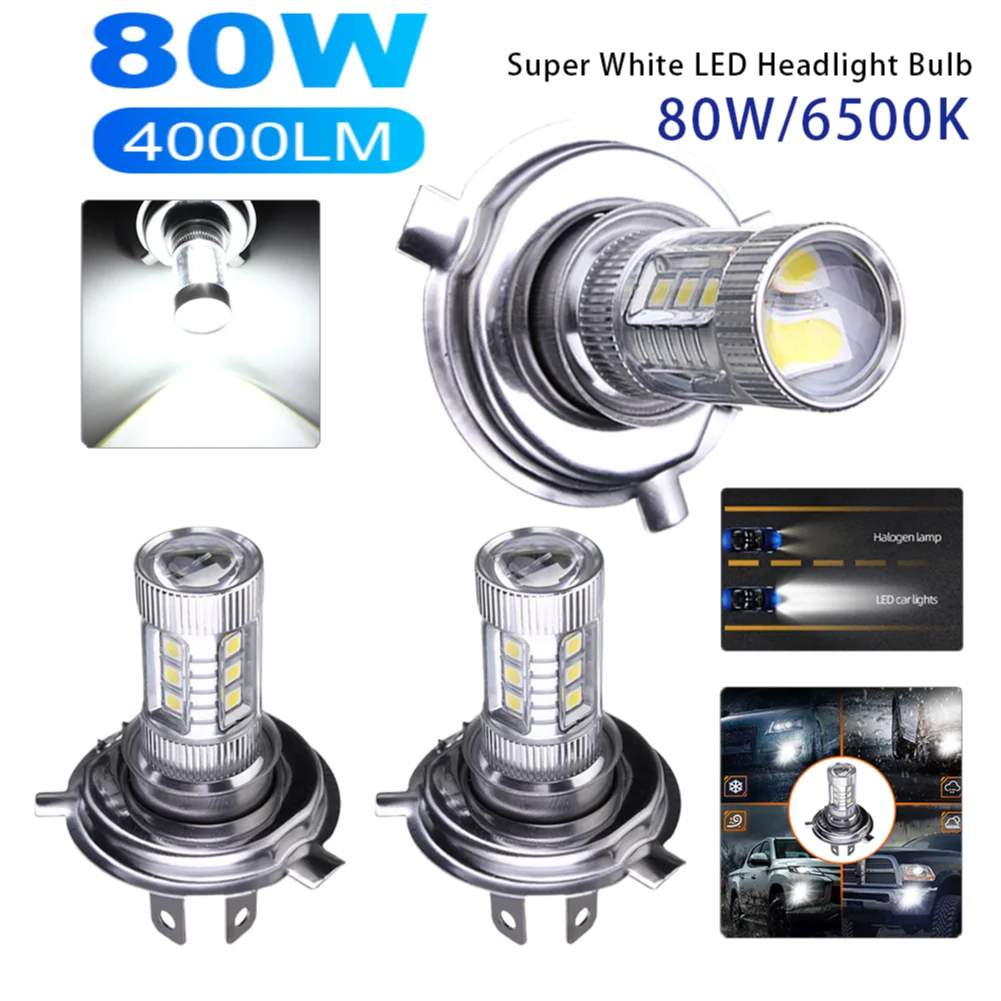 H4 Super White LED Headlight Bulb 6000-6500K High Low Beam Driving Running Lamp IP67 Waterproof Auto Headlight 4000LM 80W 12V