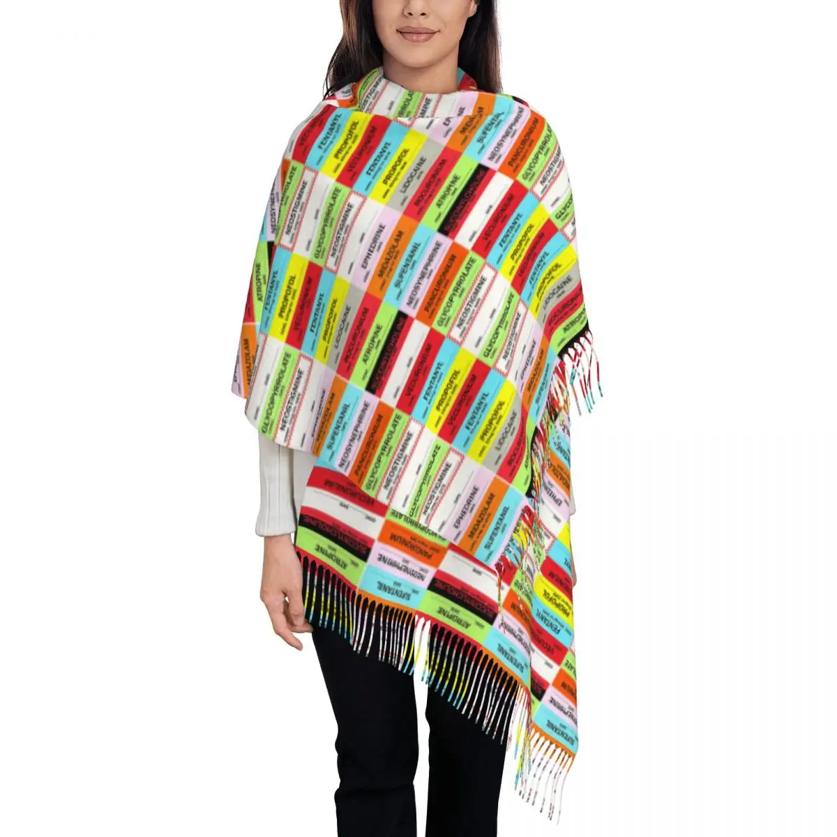 

Stylish Medical Nurse Anesthesia Medication Labels Tassel Scarf Women Winter Warm Shawls Wraps Lady Scarves